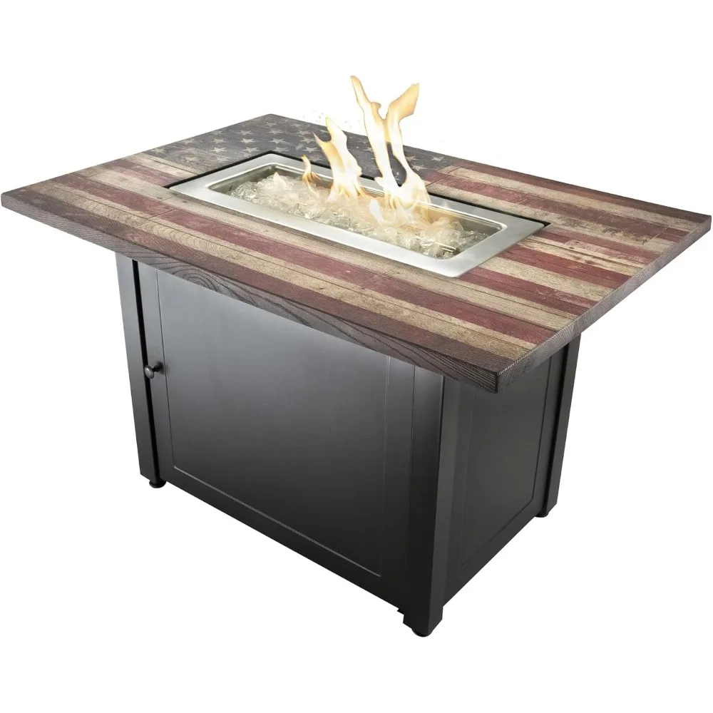 

The Americana 40 x 28 Inch Rectangular 40,000 BTU Patio Outdoor LP Gas Fire Pit w/White Fire Glass, American Flag Mantel, and C