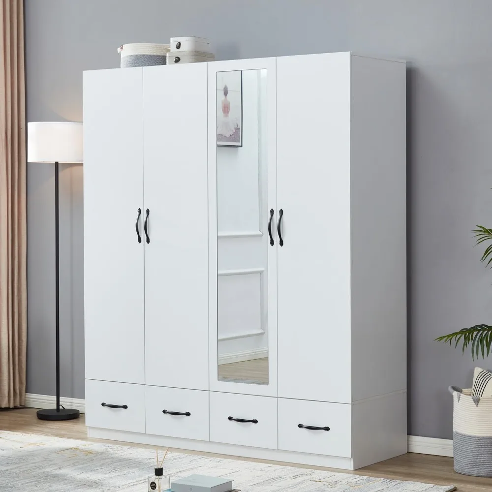 

Mirror White Four Doors Freestanding Armoires Wardrobe Cabinet Closet with HangingRodsWoodWardrobeClothesStorageShelfFourDrawers
