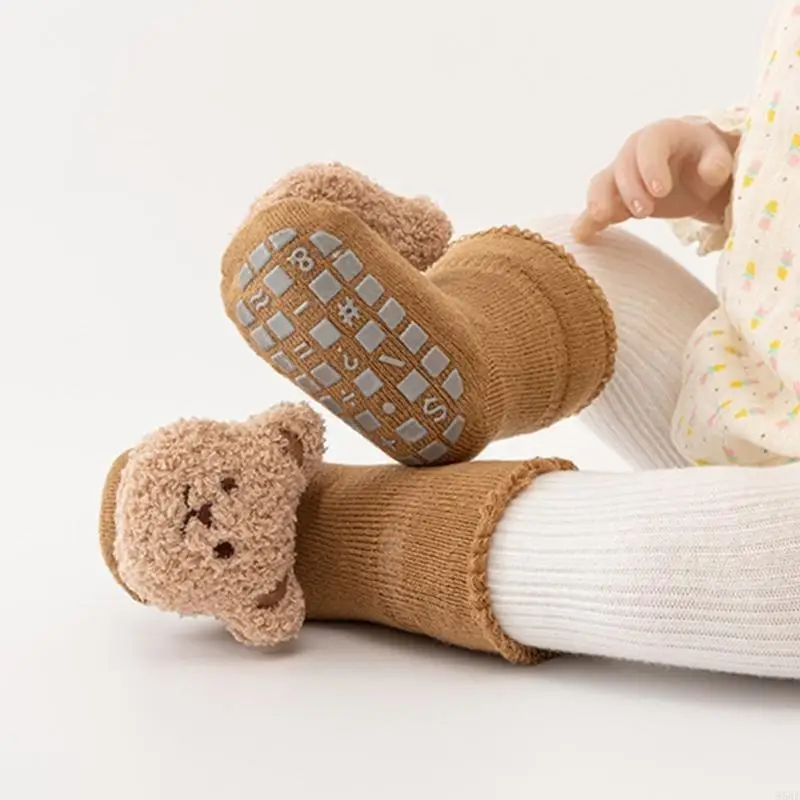 95AE جوارب أطفال مضادة للانزلاق، جوارب بنمط حيوانات، جوارب ناعمة ومريحة للأطفال