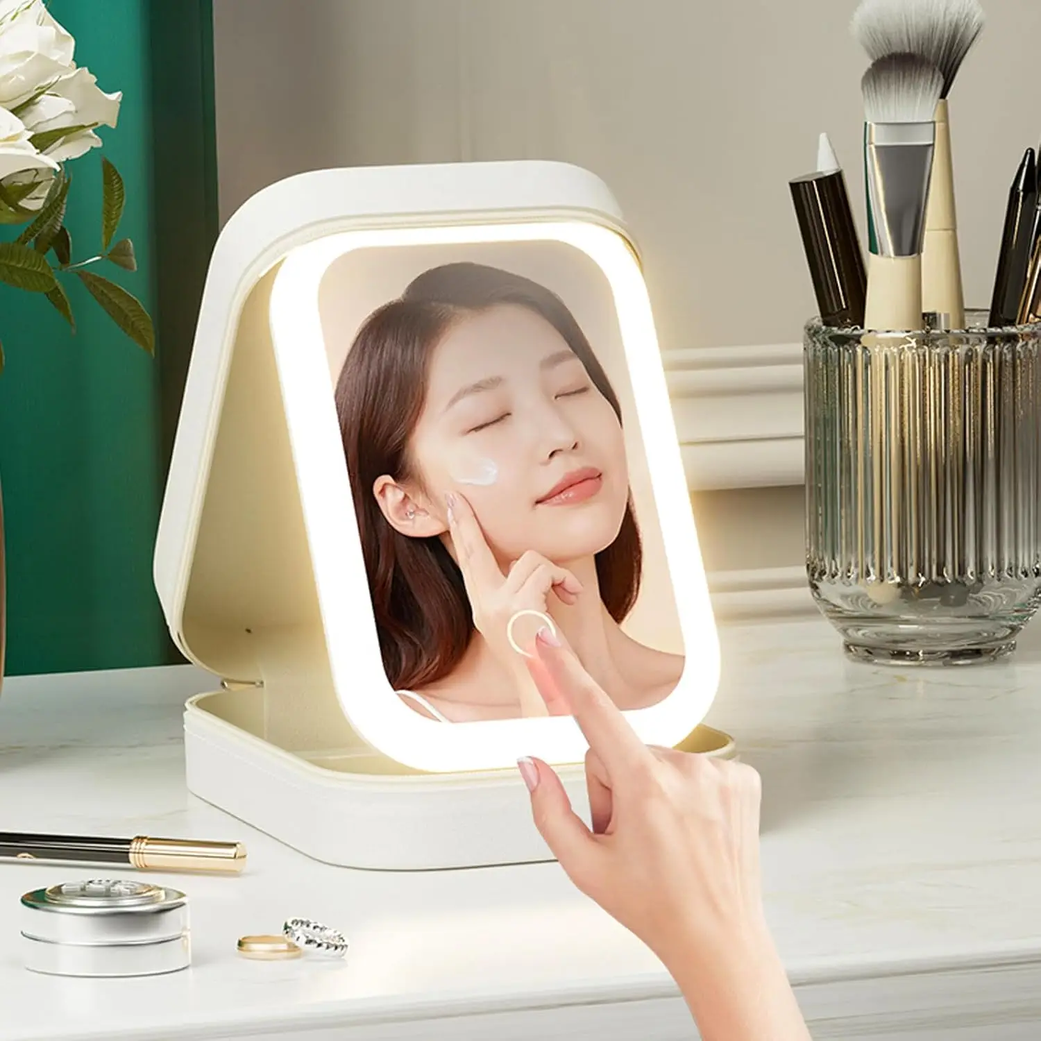 LED Three-Color Adjustable Makeup , Tri-Color Adjustable Vanity  with Jewelry Box, Rechargeable Lighted Compact Travel Makeup  (