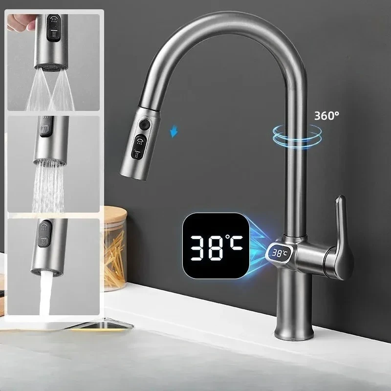 

Kitchen Pull-out Faucet with Digital Display Kitchen Sink Vegetable Basin Hot and Cold Mixer Faucet Pull-out Rotary Faucet Tap