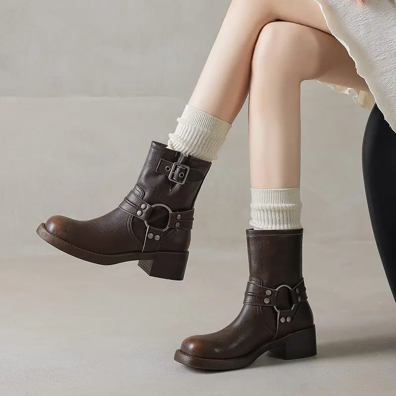 Women's Genuine Leather Motorcycle Ankle Boots - Buckle Mid Heel