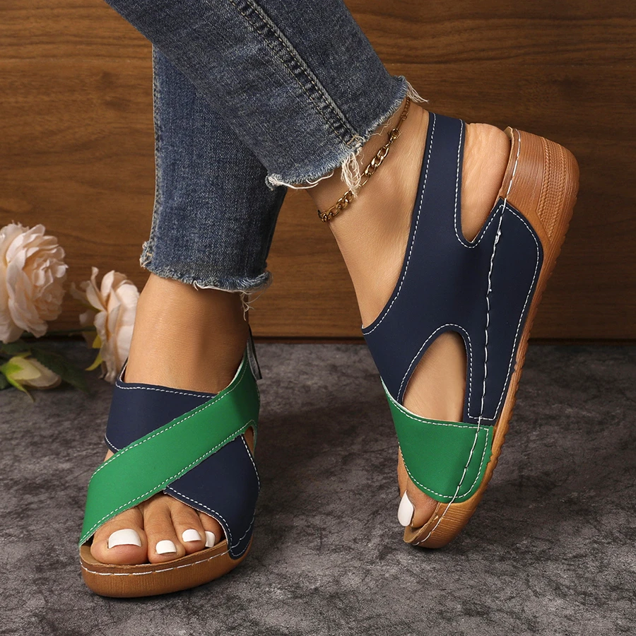 Summer Women thick sole round head Wedge Sandals Mix Color Sandals Fashion Non-slip Beach Shoes Sandals De Mujer Plus Size 36-43