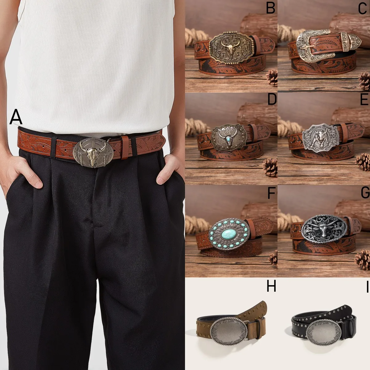 Men's retro casual brown bull head metal engraved buckle flower dragon pattern embossed rivet belt jeans versatile decorative