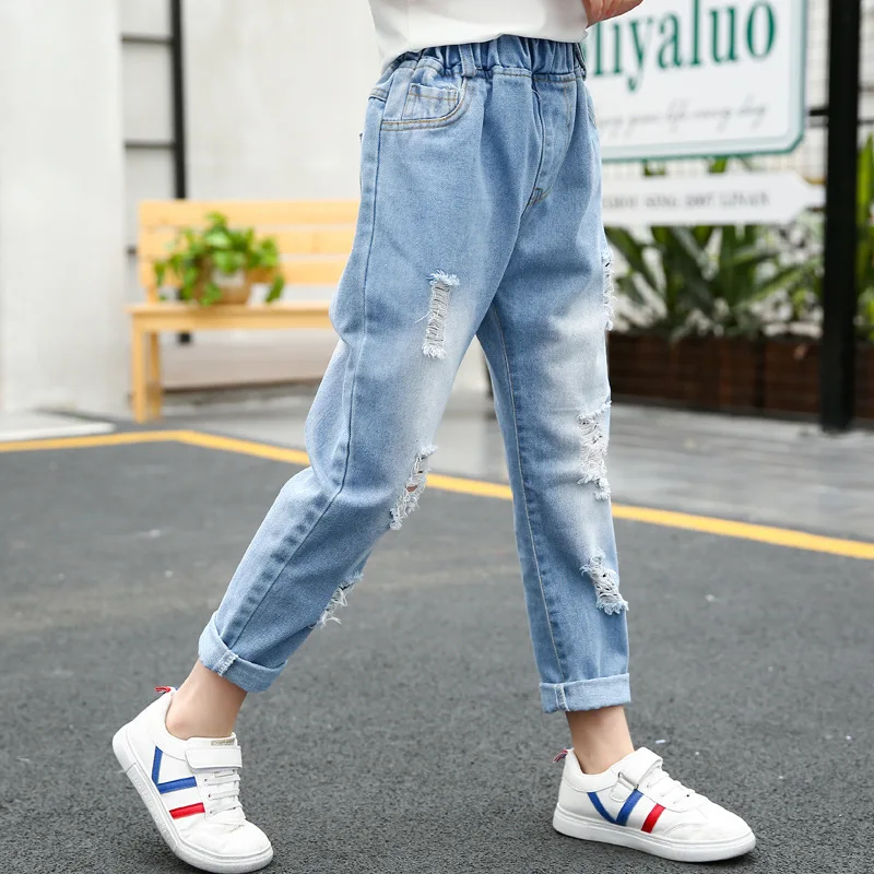 Teen Girls Ripped Hole Pencil Pants New Casual Style School Denim High Waist Trousers Children Stretch Destroy Jeans 4-12Yrs