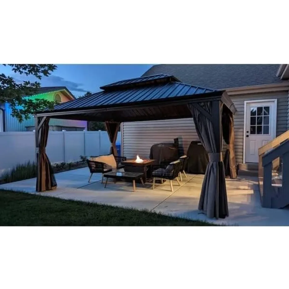 Alexander12‘X16’Hardtop Aluminum Permanent Gazebo with a Mosquito Net and Privacy Sidewalls Permanent Gazebo Pavilion for Patio,