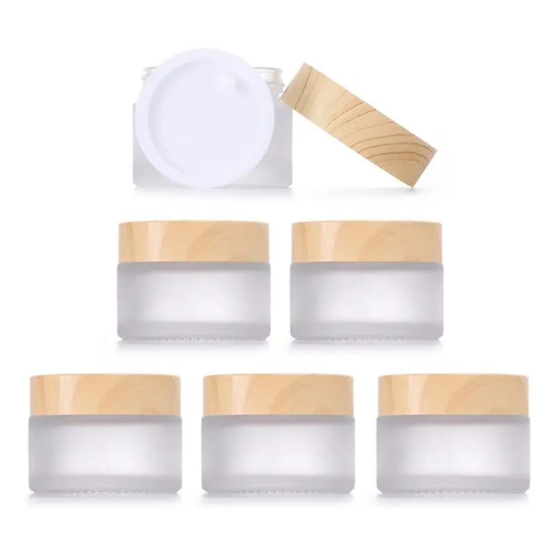 ABFS Pack of 6 30 Ml Glass Jars with Wooden Lid, Matt Clear Glass Jars, High-Quality Glass Jars, Moisturiser Container