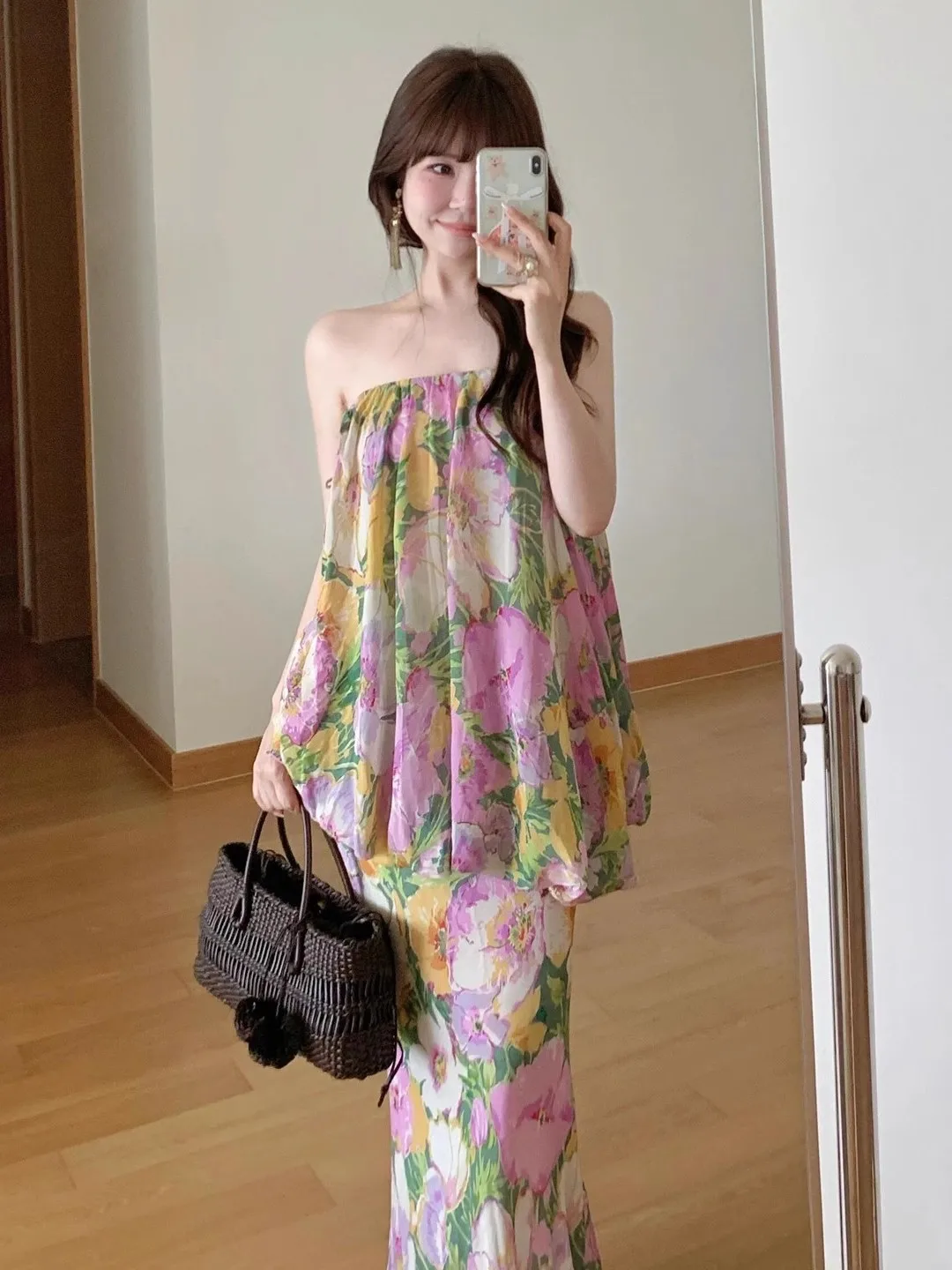 Estate 2025 delle nuove donne di arrivo stampa floreale off-oulder lungo Dr Sweet Sle raccogliere la vita in fibra di poliestere No Sve Dr