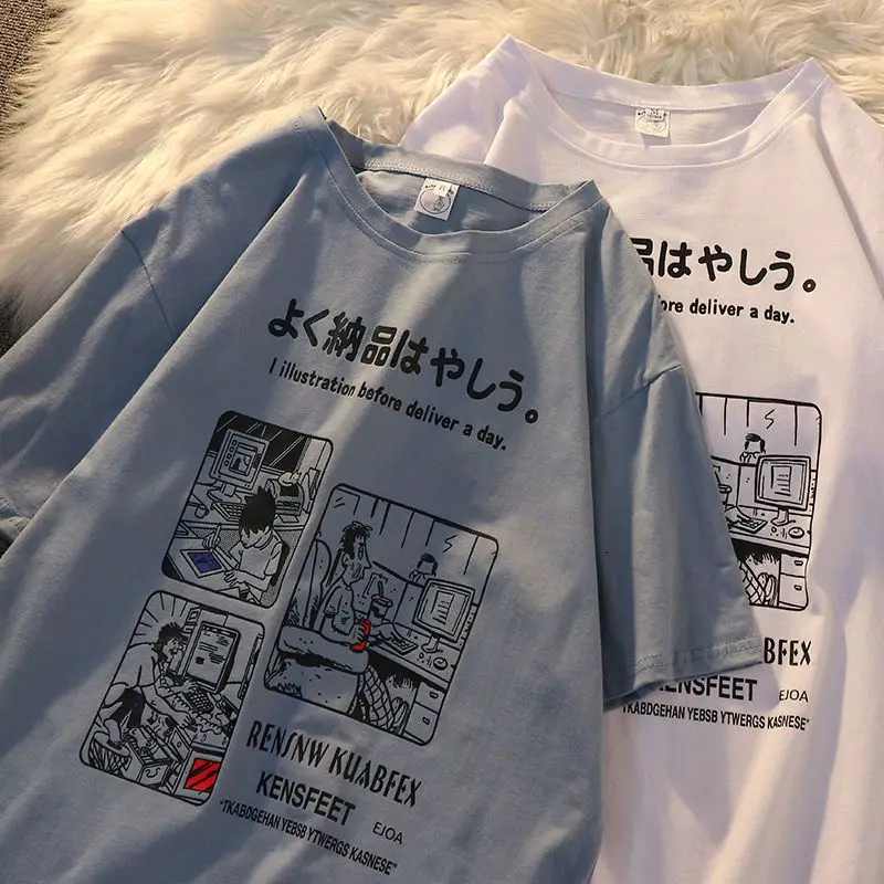 เสื้อยืดผู้หญิงพิมพ์ลายกราฟิกการ์ตูนฮาราจูกุแนววินเทจเสื้อยืดแขนสั้นทรงหลวมลำลองแนวสตรีท