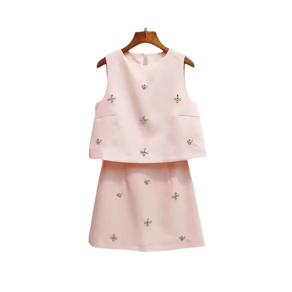 High-End-Damen-Faion-Set mit diamantbesetzter Weste und Ter-Rock, zweiteiliges Set, Ele Lady Sle Summer Collection