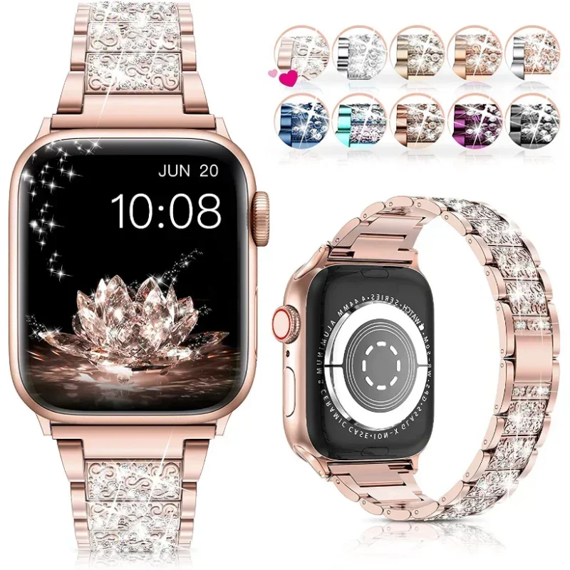 Apple Watch 밴드 용 블링 다이아몬드 스트랩 40mm 45mm 44mm 41mm 42mm 38mm IWatch 시리즈 7 SE 6 5 4 여성용 팔찌 용 금속 벨트