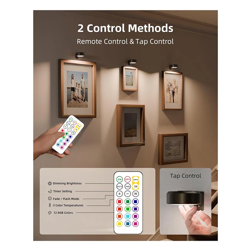 ABMS-Remote Dimmable Timer Rechargeable Battery Magnetic Poster Lights For Wall, 3 Color Temps& 12 RGB Picture Lights