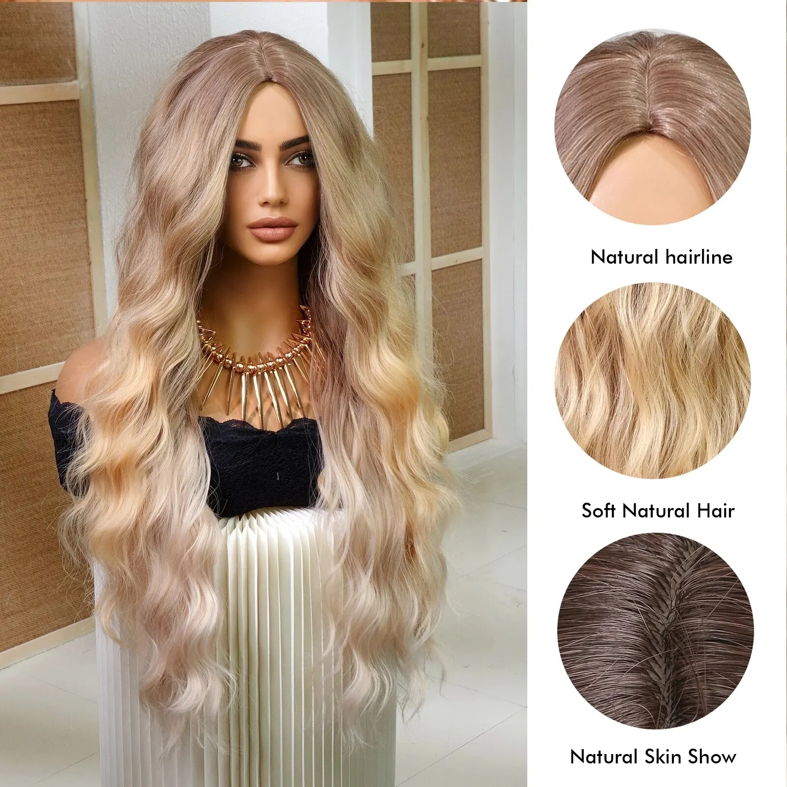 Długie peruki syntetyczne Middle Ombre Dark Root to Yellow Blonde Brown Wig Hair Elegancki styl dla dziewcząt i pań Natural Fiber Wear