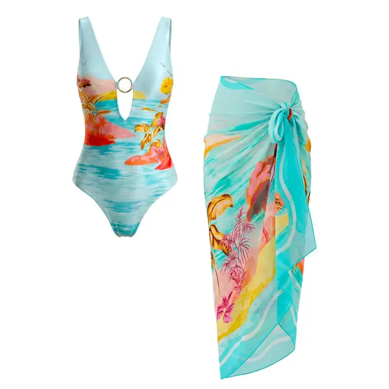 Flaxmaker Women Swimsuit And Skirt 2026 Summer Deep V-neck Landscape Print Swimsuit set Femme Beachwear Biquini conjunto de
