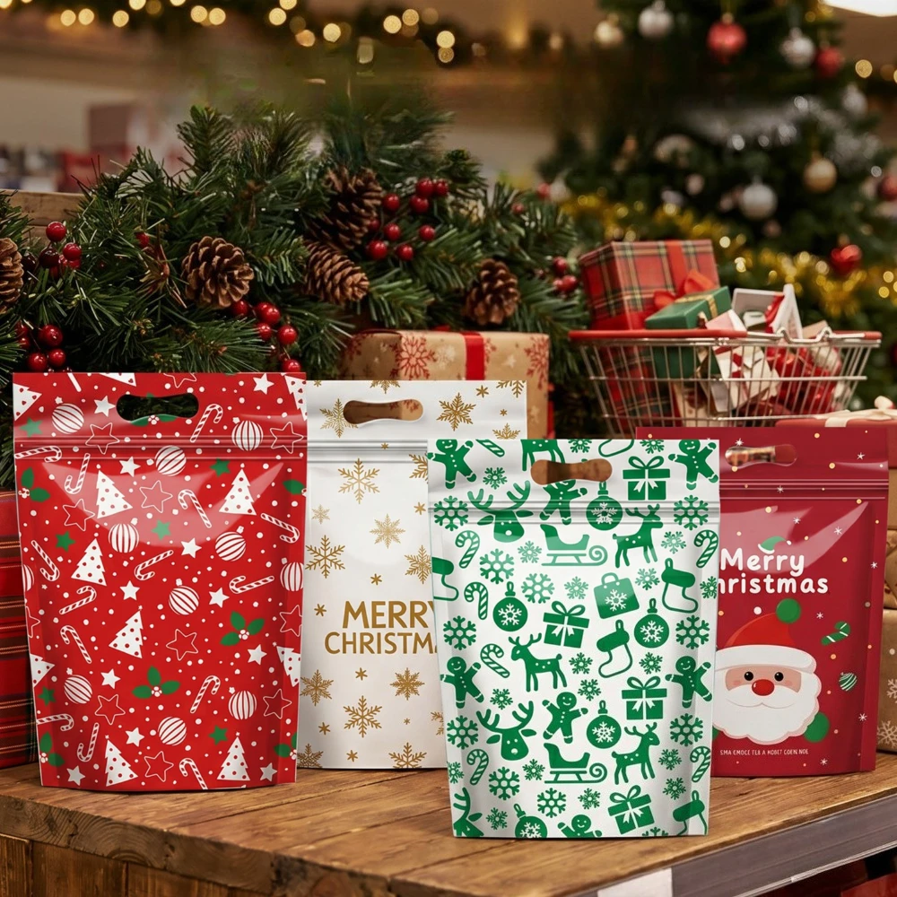 50 Stück wiederverschließbare Weihnachts-Zip-Lock-Beutel, 50 Stück transparente Weihnachts-Plastikversiegelungsbeutel mit Griffen für Weihnachtsfeiern und Süßigkeiten – Detail 3