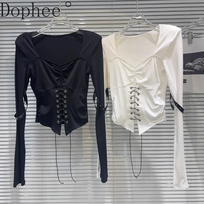 2025 New Spring Spice Girls Drawstring Bandage Slimming T-shirt Square Collar Pullover Basic Top Leather Buckle Long Sleeve Tees