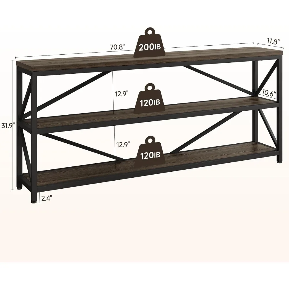 طاولة أريكة وحدة التحكم الصناعية، طاولة مدخل طويلة جدًا مقاس 70.8 بوصة مع رف تخزين خشبي من 3 طبقات لغرفة المعيشة