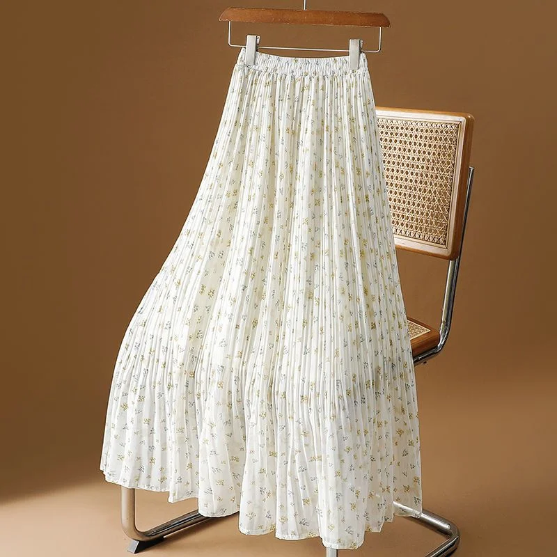 Apricot Floral Women's New Summer High-waisted Slim Chiffon Pleated Skirt Wide Hem Long Skirt
