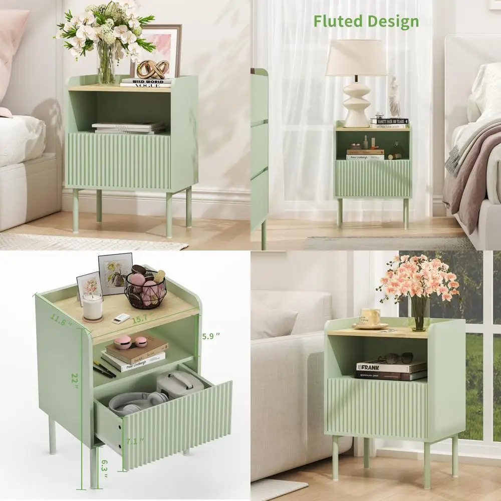 

Modern Farmhouse Style Nightstand with Drawers, Mid-Century Wooden Bedside Table, Accent End Table for Bedroom