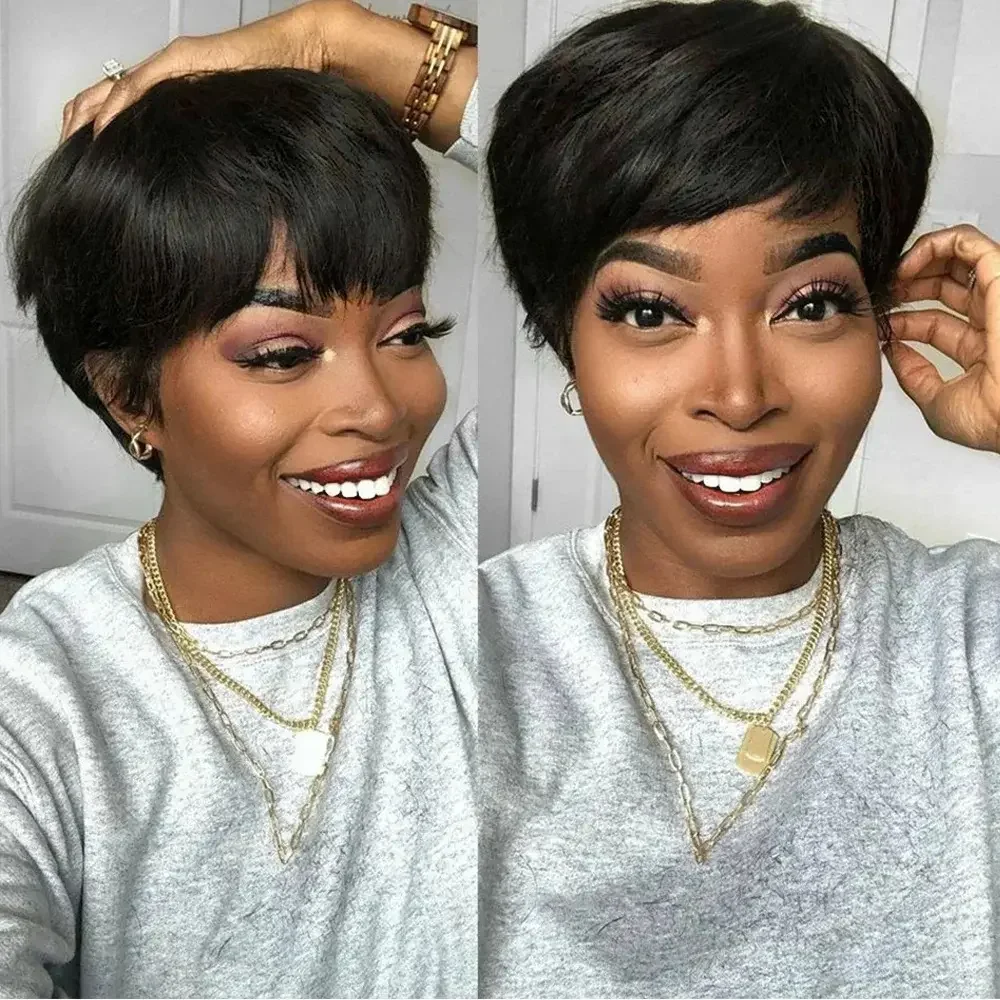 Glueless Pixie Cut Layered Straight Human Hair Wig with Bangs for Black Women, Machine Made Raw Remy Hair, Natural Black