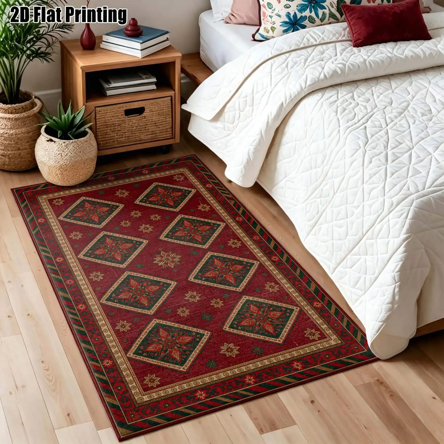 1Pc 2D Printed Burgundy Retro Geometric Diamond Pattern Carpet: European-Style, Bohemian, Machine Washable, Multi-Size, Ideal for Home Decor as a Door/Dining/Foyer/Study/Living/Bedroom Mat