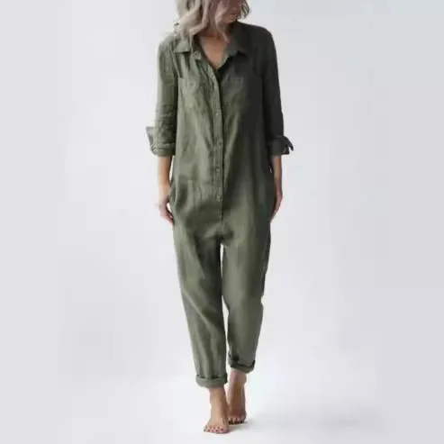 2025 Casual Lapel Pocket Long Sleeve Solid Color Cotton Jumpsuit