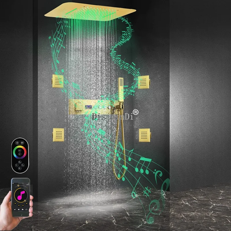 Brushed gold concealed shower thermostatic digital display shower set 23*15 inch two-function LED music