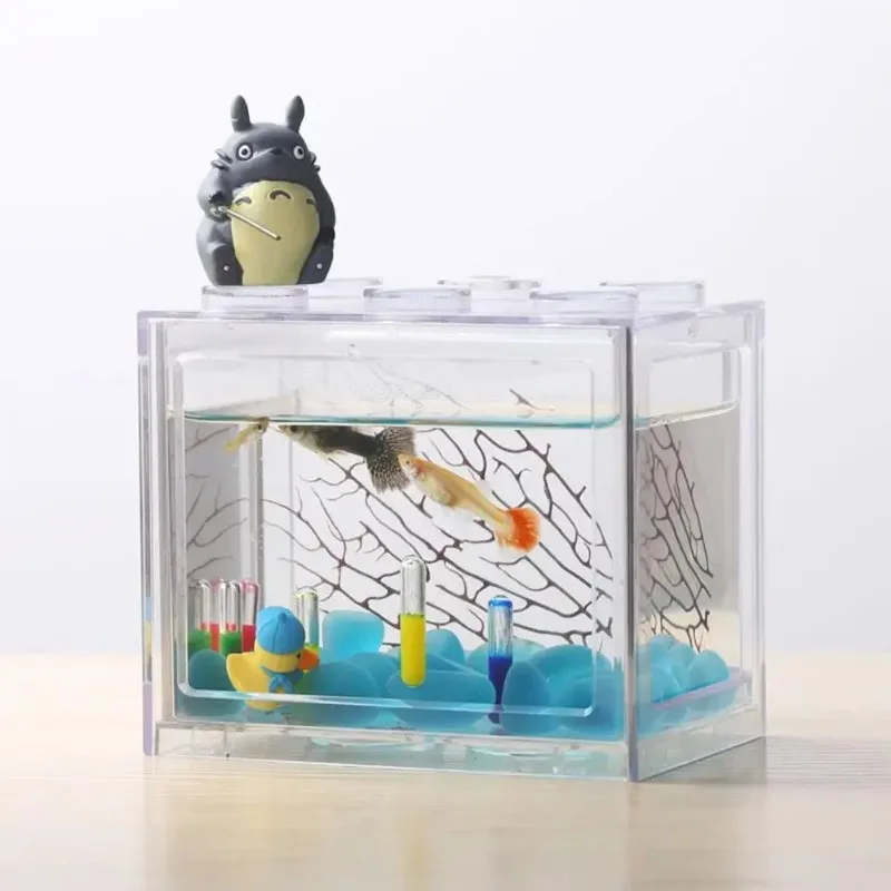 Mini Acrylic Aquarium Transparent Fish Keeper Fishbowl Portable Desktop Fish Tank For Office Landscape Building Blocks Tank