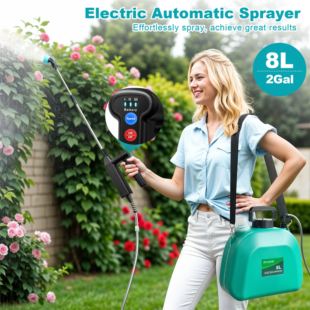 2 Gal Battery Powered Sprayer,Upgraded Electric Weed Sprayer with 3 Spray Forces,Battery Indicator,Rechargeable Handle,4 Nozzles