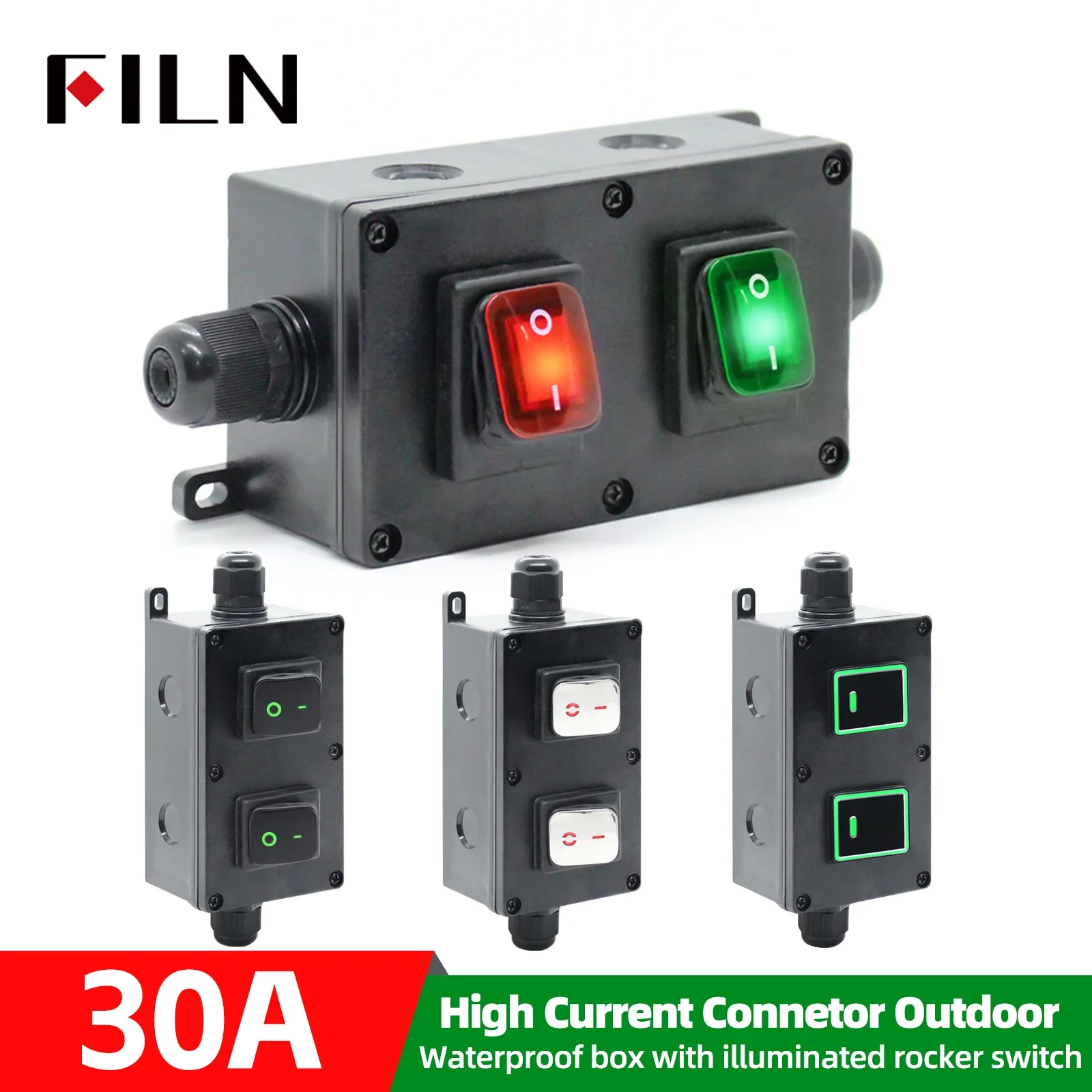 FILN 30A IP65 Waterproof Sealed Outdoor Auto Boat Marine Rocker Switch LED Outdoor Box & Inline Cord  30A 12-24V 220V on Off