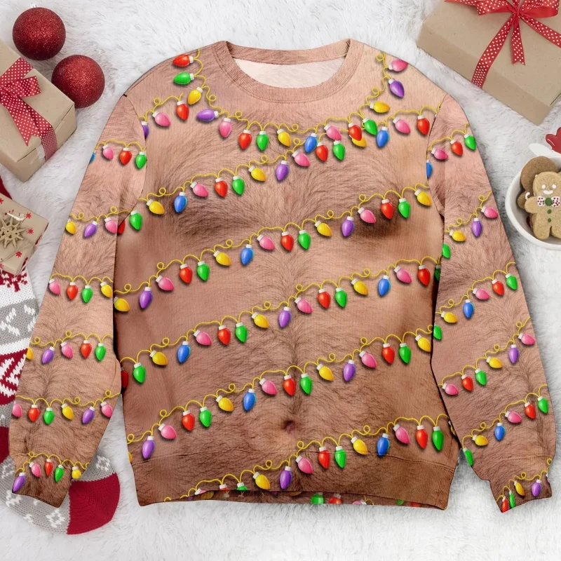 3D طباعة وهمية بيكيني الصدر الشعر البلوز للرجال النساء القبيح عيد الميلاد نمط البلوفرات عارضة جولة الرقبة طويلة الأكمام هوديس #1