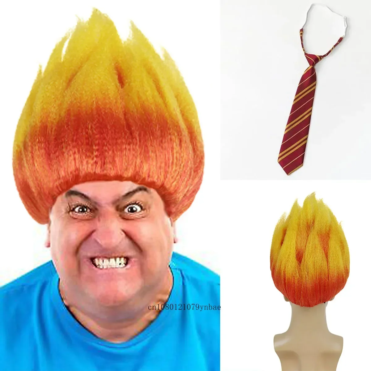 Synthetic Orange and Yellow Fire Wigs with Necktie Set Short Anime Cosplay Wig for Men Halloween Carnival Party Costume Use