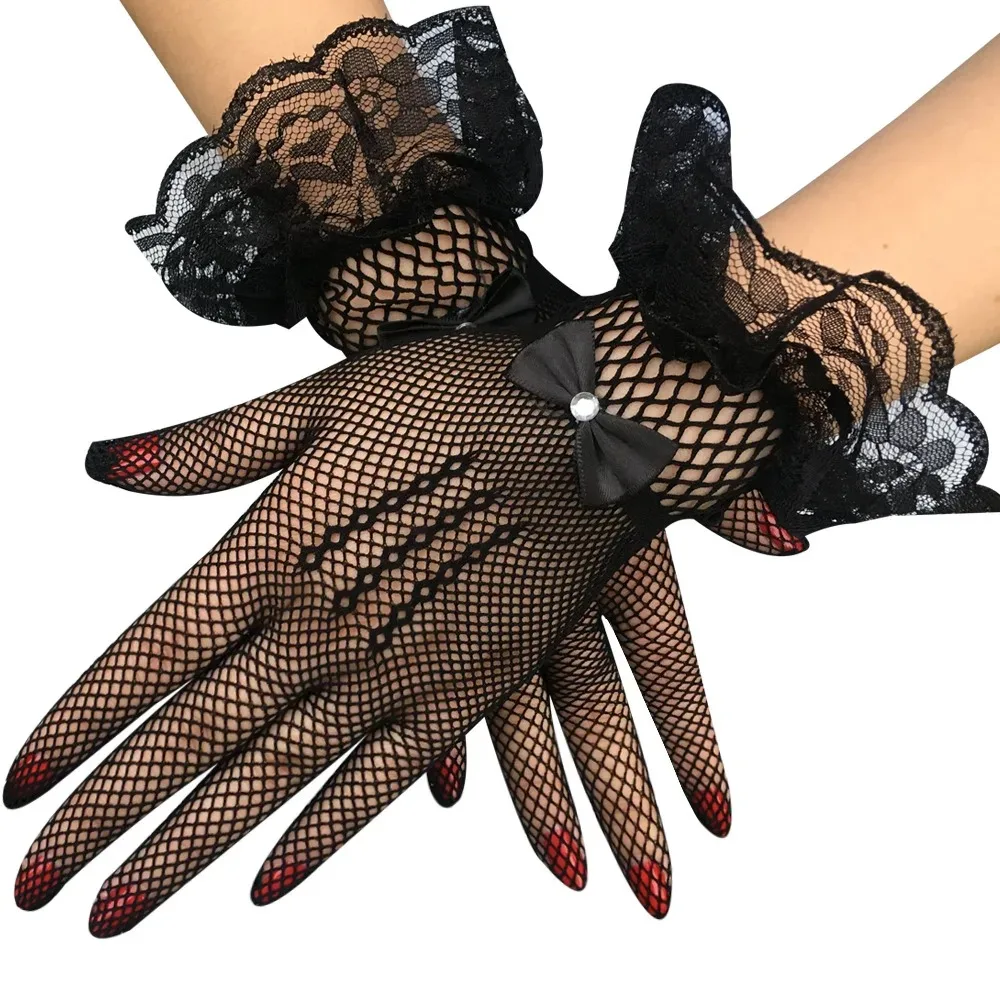 Female Thin Lace Driving Gloves, Black White Fishnet Mesh Ruffle Full Finger UV Proof Sun Protection Gloves