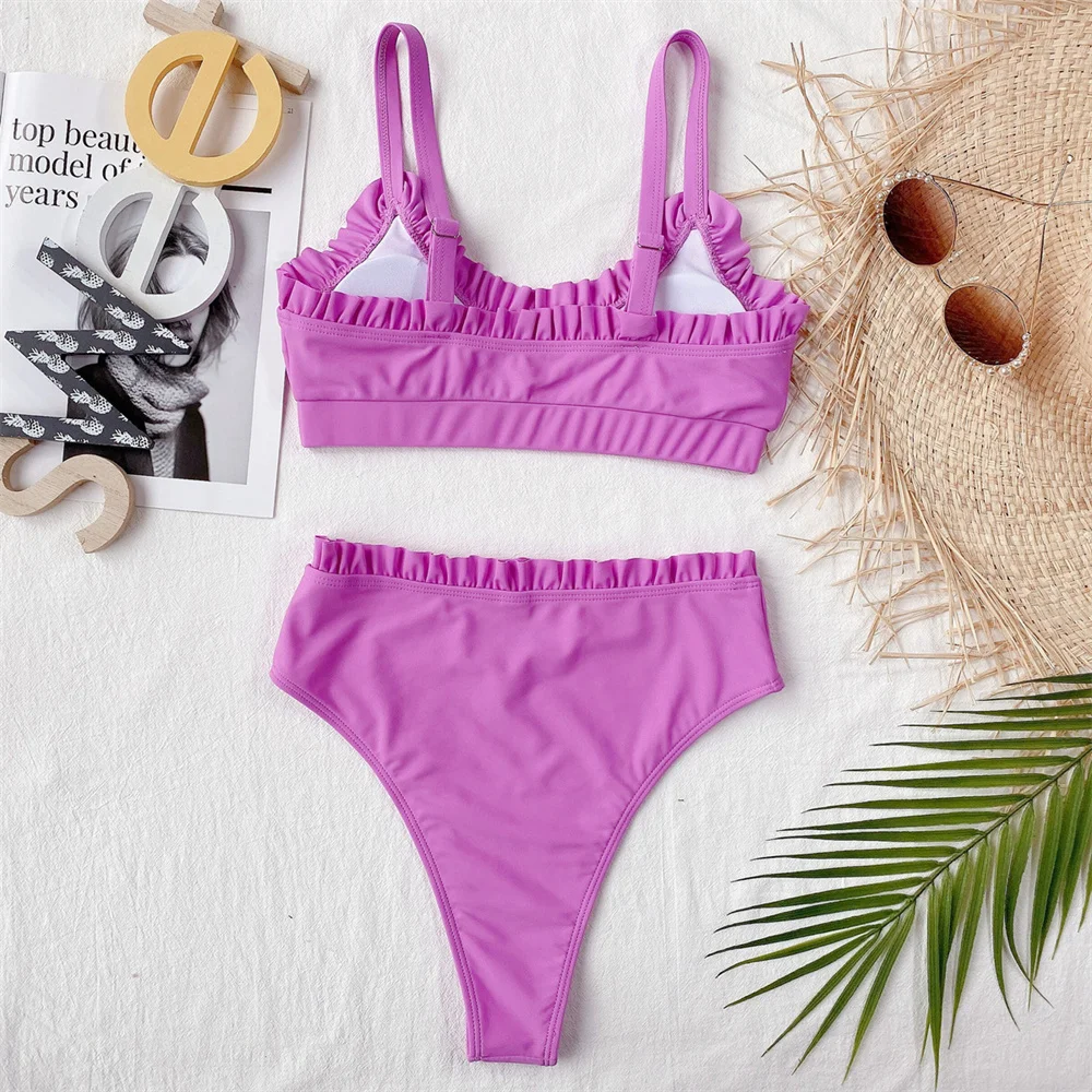High Waist Ruffled Bikini Purple Y2K Swimsuit Push Up Tankini Vacation Swimwear Women Beach Outfit Bathing Suit Bikinis De Mujer