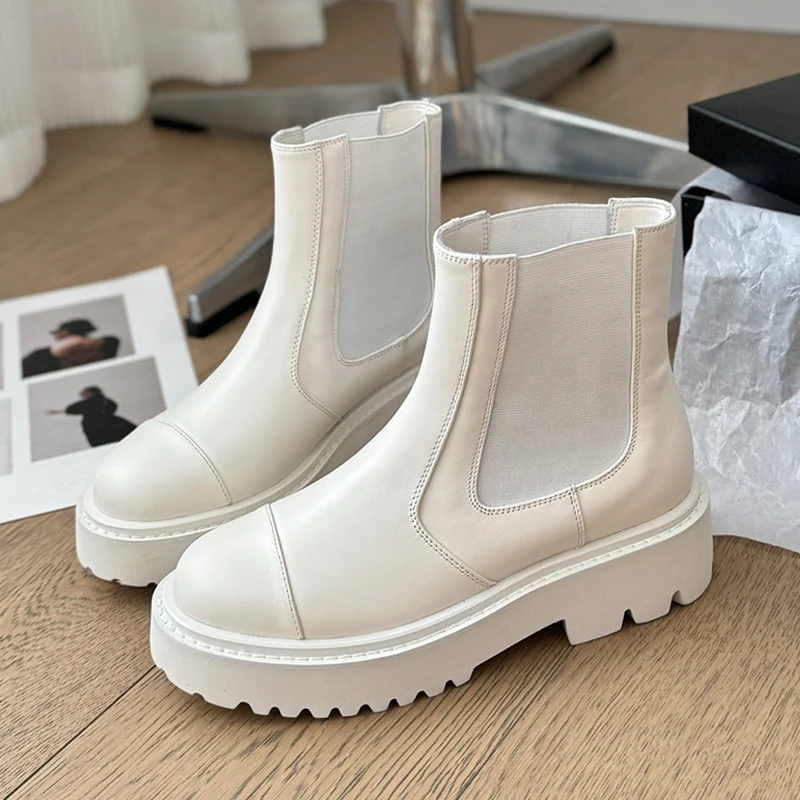 2024 Autumn Winter New Thick Sole Elastic Band Short Boots Women Cow Leather Round Toe Classic All Match Chelsea Boots Handmade