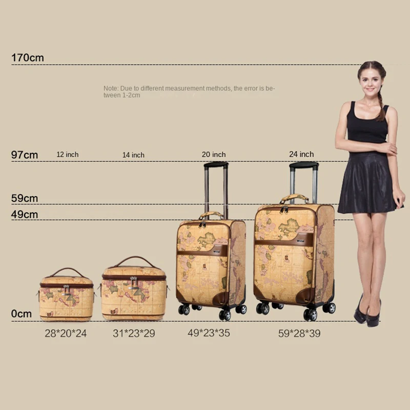 Vintage Map Suitcase Boarding Rolling Luggage Set Travel Bags Password Trolley Case 20\