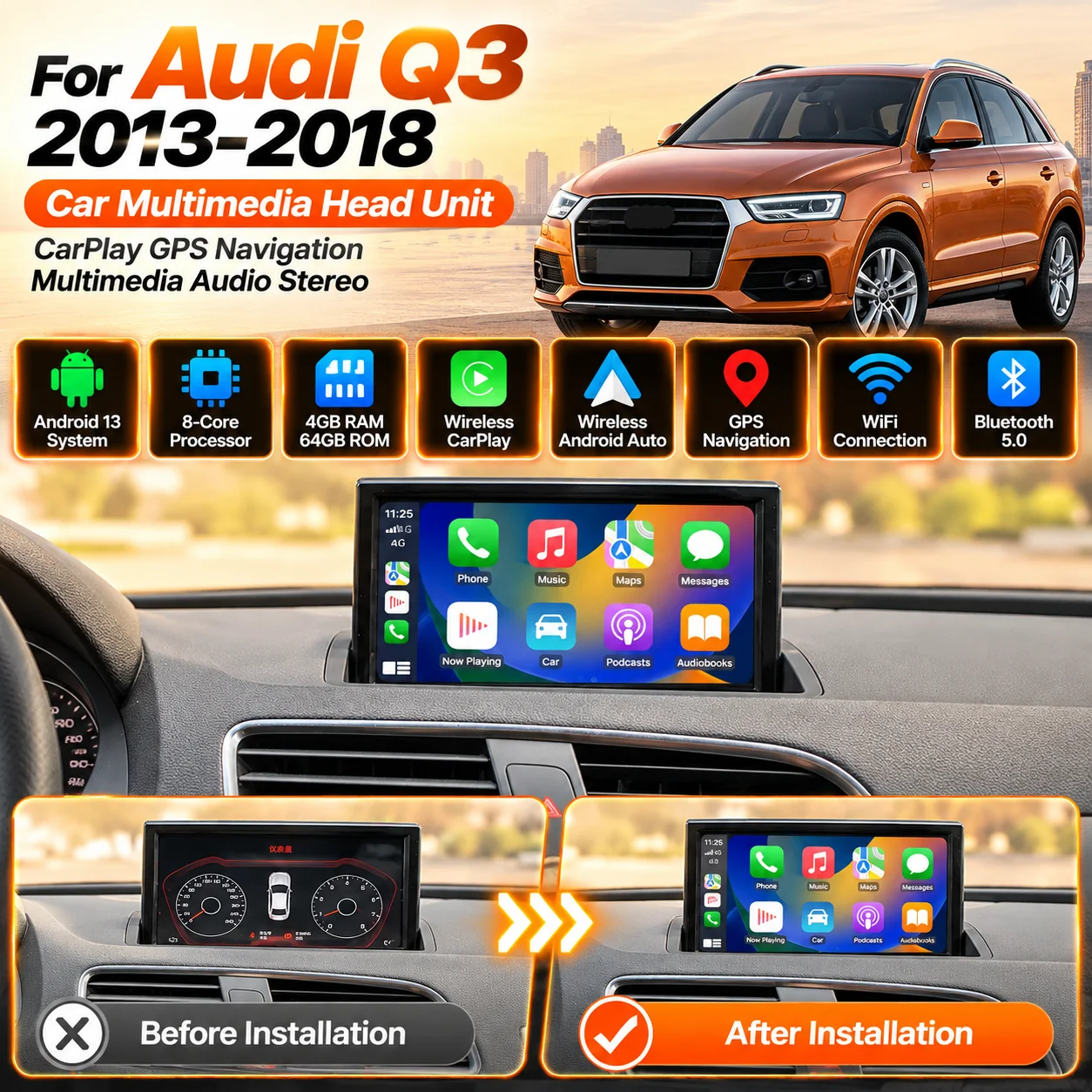 Android Car Radio CarPlay GPS Navigation Multimedia Player For Audi Q3 2013-2018 Audio Stereo Head Unit