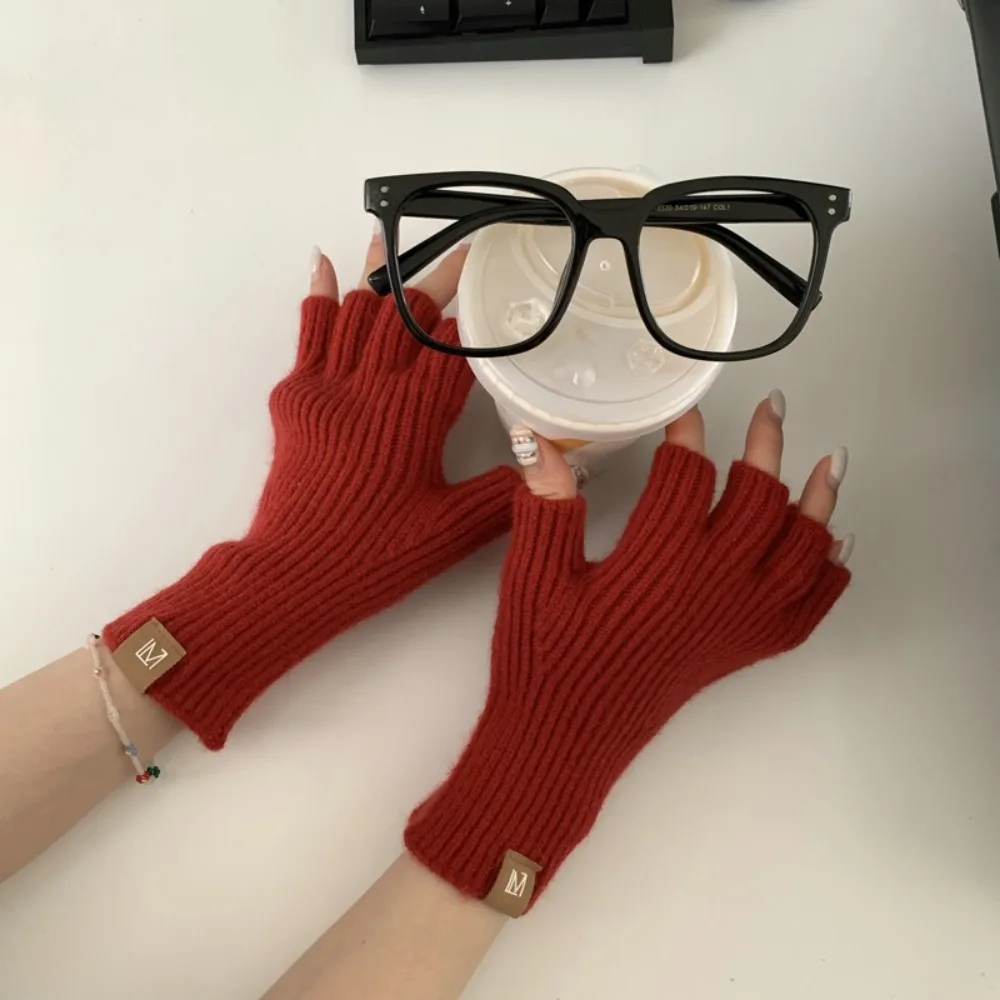 Gift Touch Screen Half Finger Knitted Gloves Keep Warm Solid Color Cycling Gloves Thickened Soft Korean Style Gloves Girls