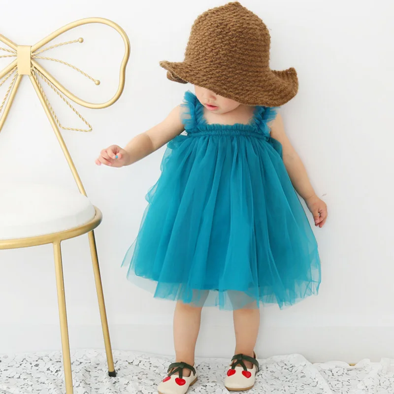 2026 Ruffled Lace Like Straps Elastic Waist Fluffy Skirt for Children Party Casual Kid Girl Charming Poly Tulle Sleeveless Dress