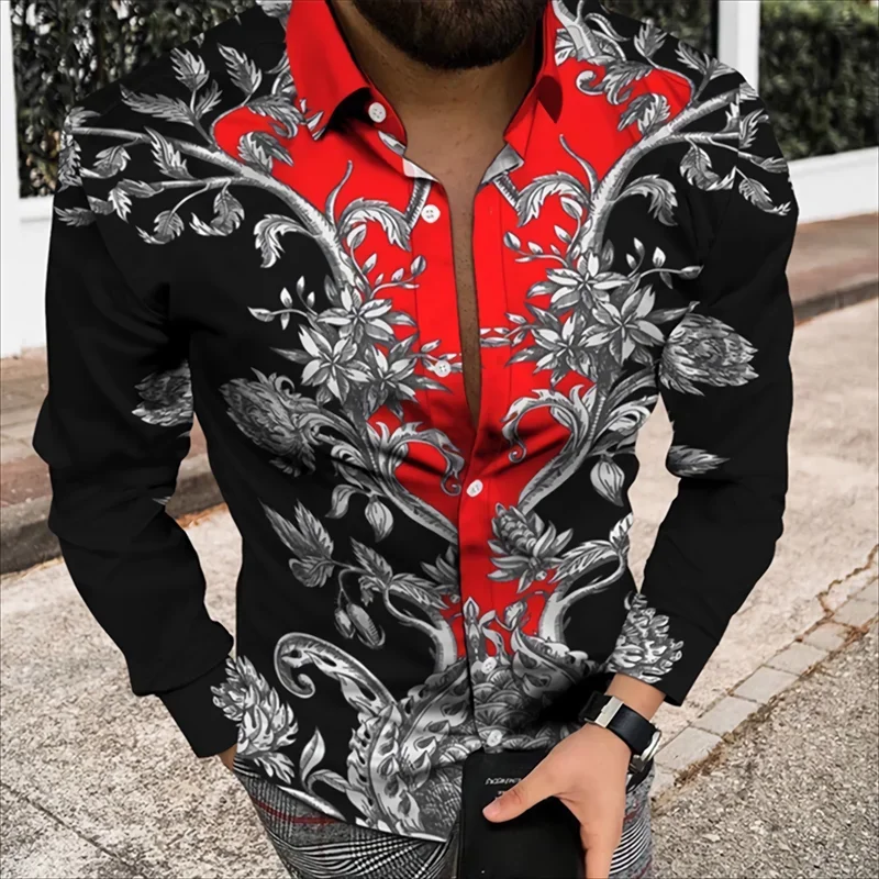 

2024 Men's Shirt Optical Illusion Line Retro Abstract Outdoor Street Casual Daily Autumn and Winter Cuffed Long Sleeve Shirt