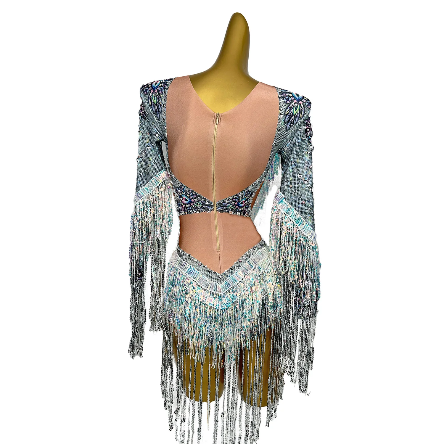 Qiaqia Sparkly Sequin Tassel Leotard Sexy Crystal Long Sleeve Bodysuit Women Nightclub DJ Clothing Stage Singer Perform Costume