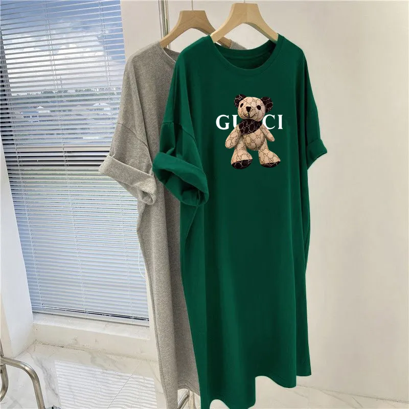 Women Clothing Fashion Casual Loose Pullovers Dresses Summer Pure Cotton Vintage Cartoon Printed O-neck Straight Dress ﻿