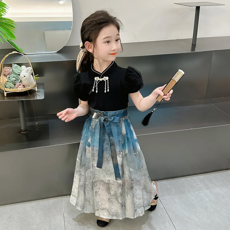 Girls Clothes Suit Hanfu Skirt Set 2024 Summer New Chinese Style Retro Cheongsam New Chinese Tang 2-piece Suit