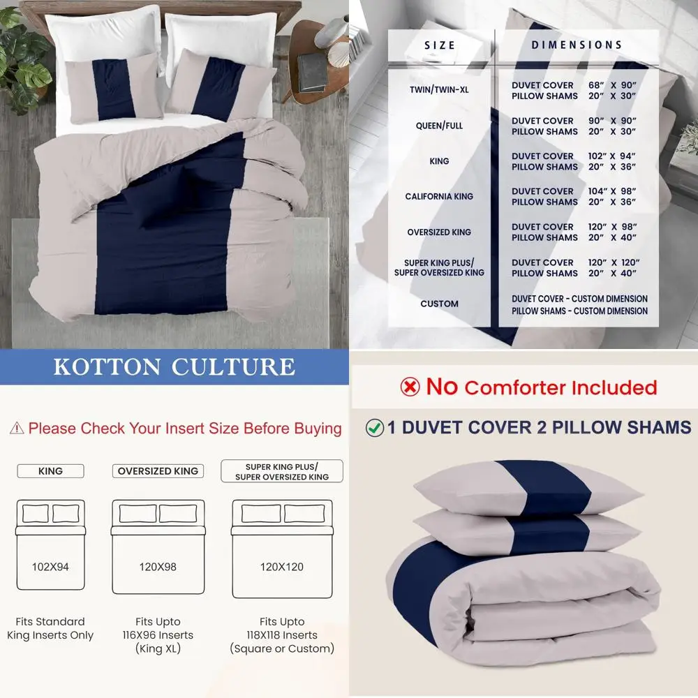 

100% Egyptian Cotton 120x120 Thread Count Super King Plus Duvet Cover Set with Zip Closure - Oversized King Comforter Cover