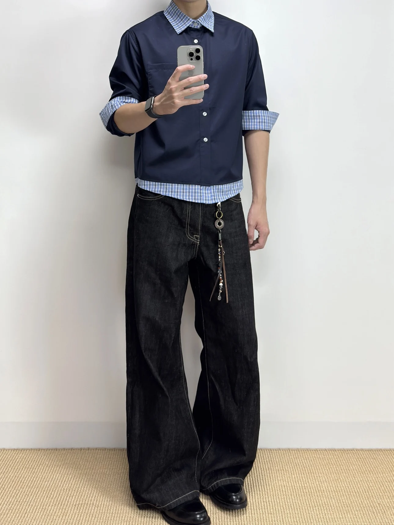 

Retro American Blue Plaid Collar Long Sve Men's irt Casual Versatile T-irt Sle Polyester Fiber Stand Fit