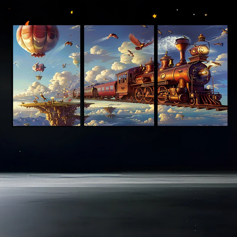 Steam Train and Hot Air Balloon Canvas Wall Art Set, Frameless 3-Piece Decorative Print Collection, Major Material: Canvas, f
