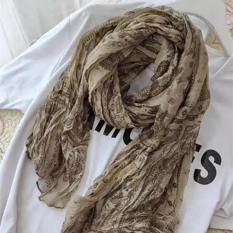 Ethnic Style Cashew Print Pleated Cotton and Linen Scarf Silk Scarf Women\'s Versatile Autumn and Winter Cold Protection Shawl