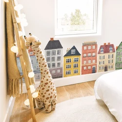 Cartoon Watercolor City Building House Wall Sticker Bedroom Playroom Kids Room Wall Decal Home Decor