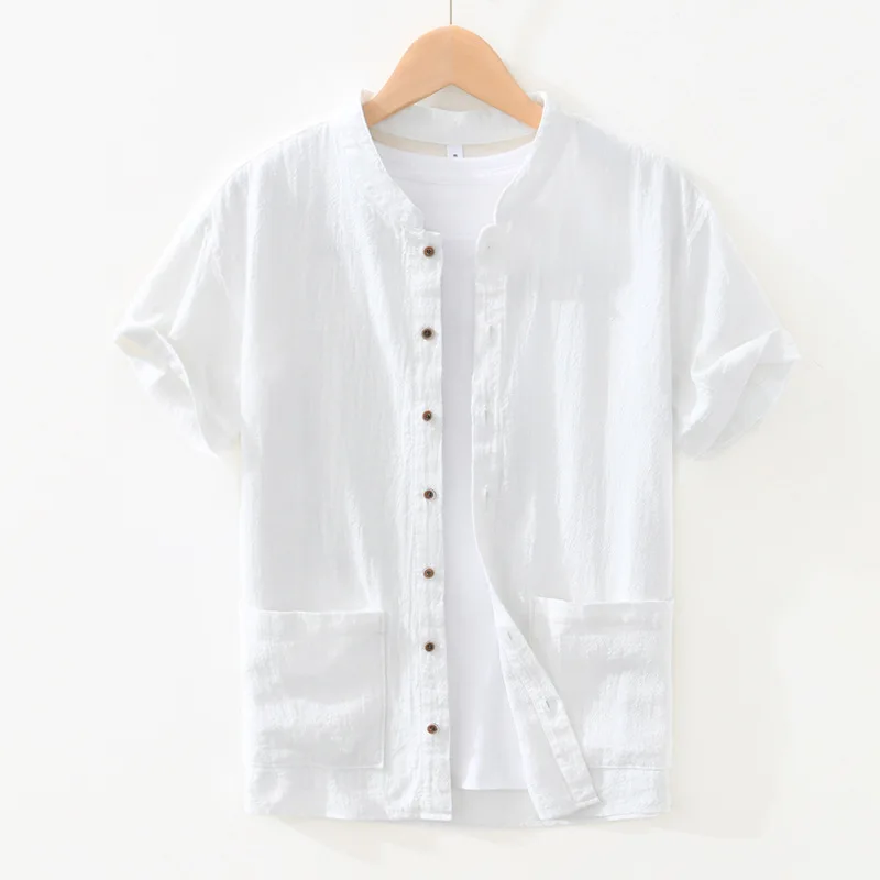 Vintage Casual Men Pure Linen Shirts Japanese Style Short Sleeve Blouse Tops Urban Thin Breathable Holiday Shirts Man Clothing