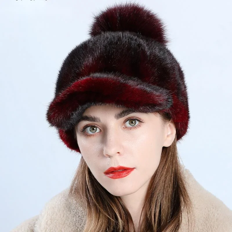 Real Mink Fur Hat For Women Winter Luxury Handmade Knit Fur Caps With Fox Fur Ball Outdoor Thickened Fur Hat Black Fur Caps